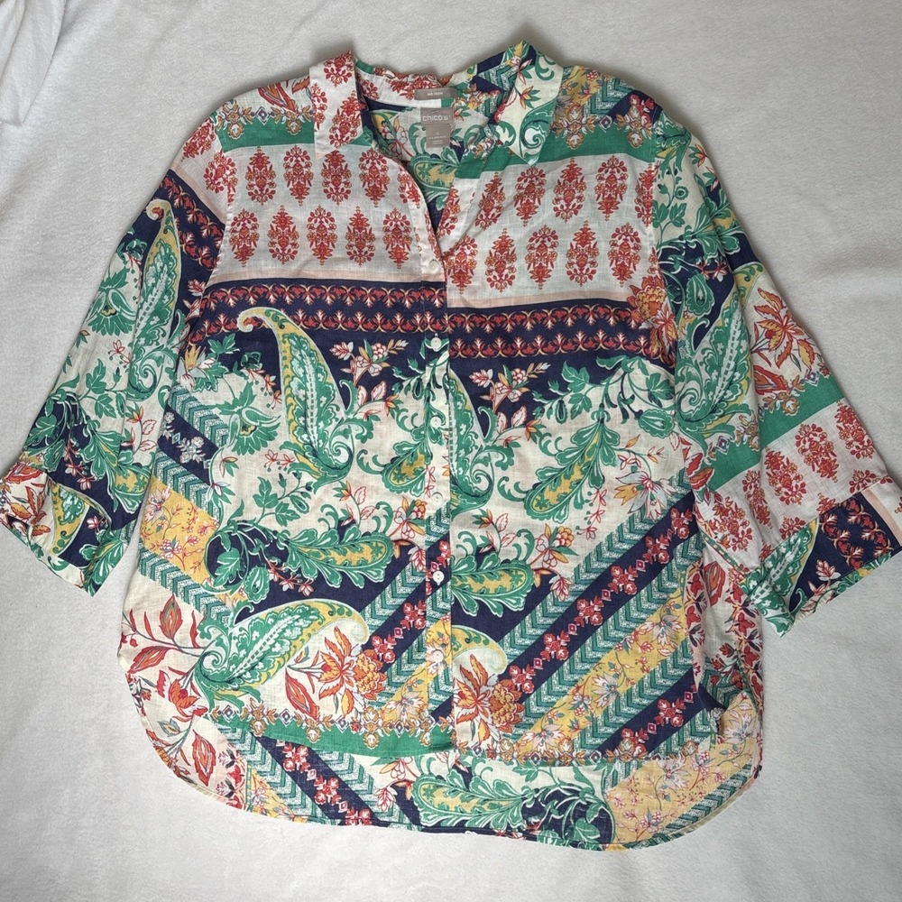 CHICOs Size 4 (US 20/22) Tropical 100% Linen Non Iron Button Up 3/4 Sleeve